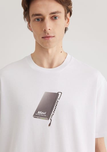  Mavi Baskılı Beyaz Tişört Loose Fit / Bol Rahat Kesim 0612483-620