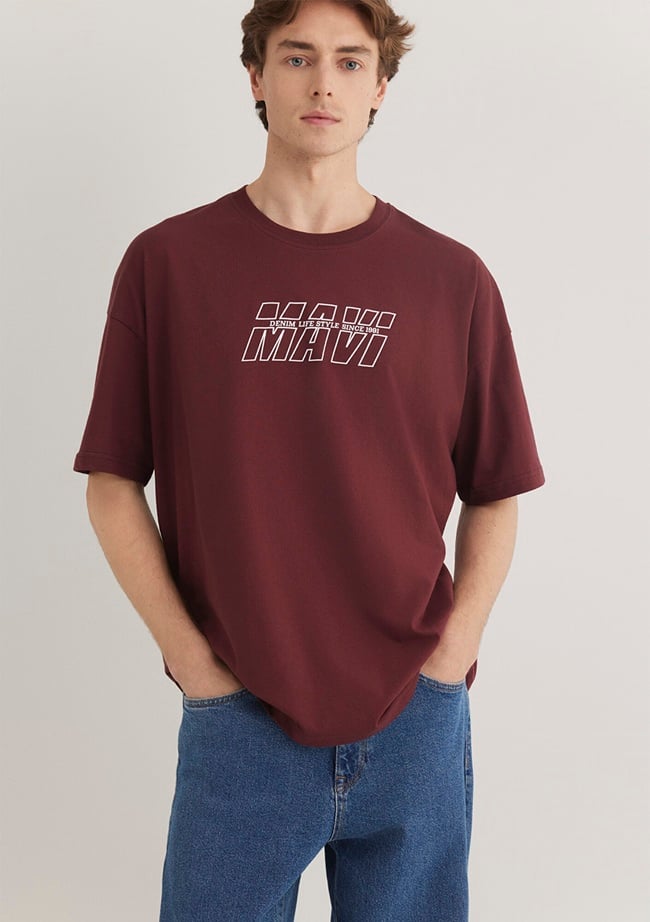  Mavi Mavi Logo Baskılı Kırmızı Tişört Oversize / Geniş Kesim 0611827-70396