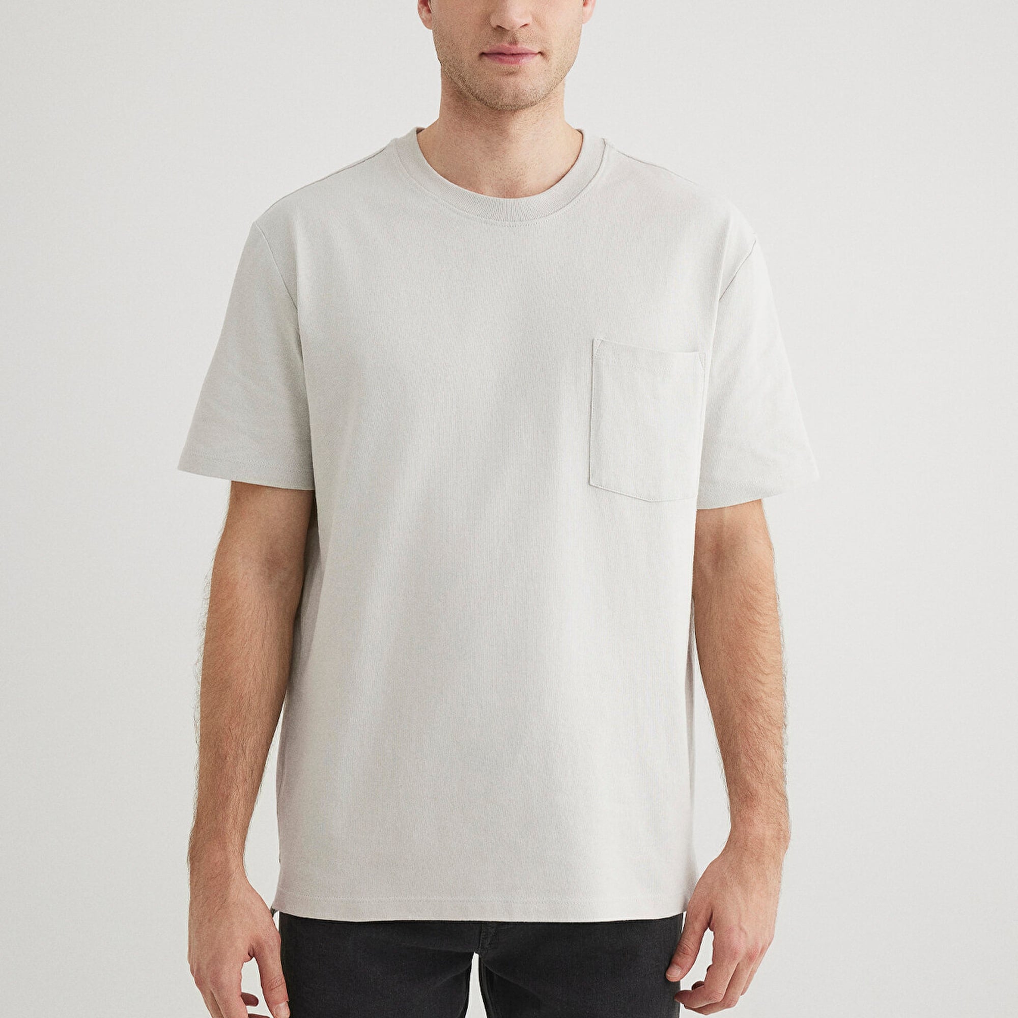 Mavi Cep Detaylı Gri Tişört Loose Fit / Bol Rahat Kesim 066248-70080