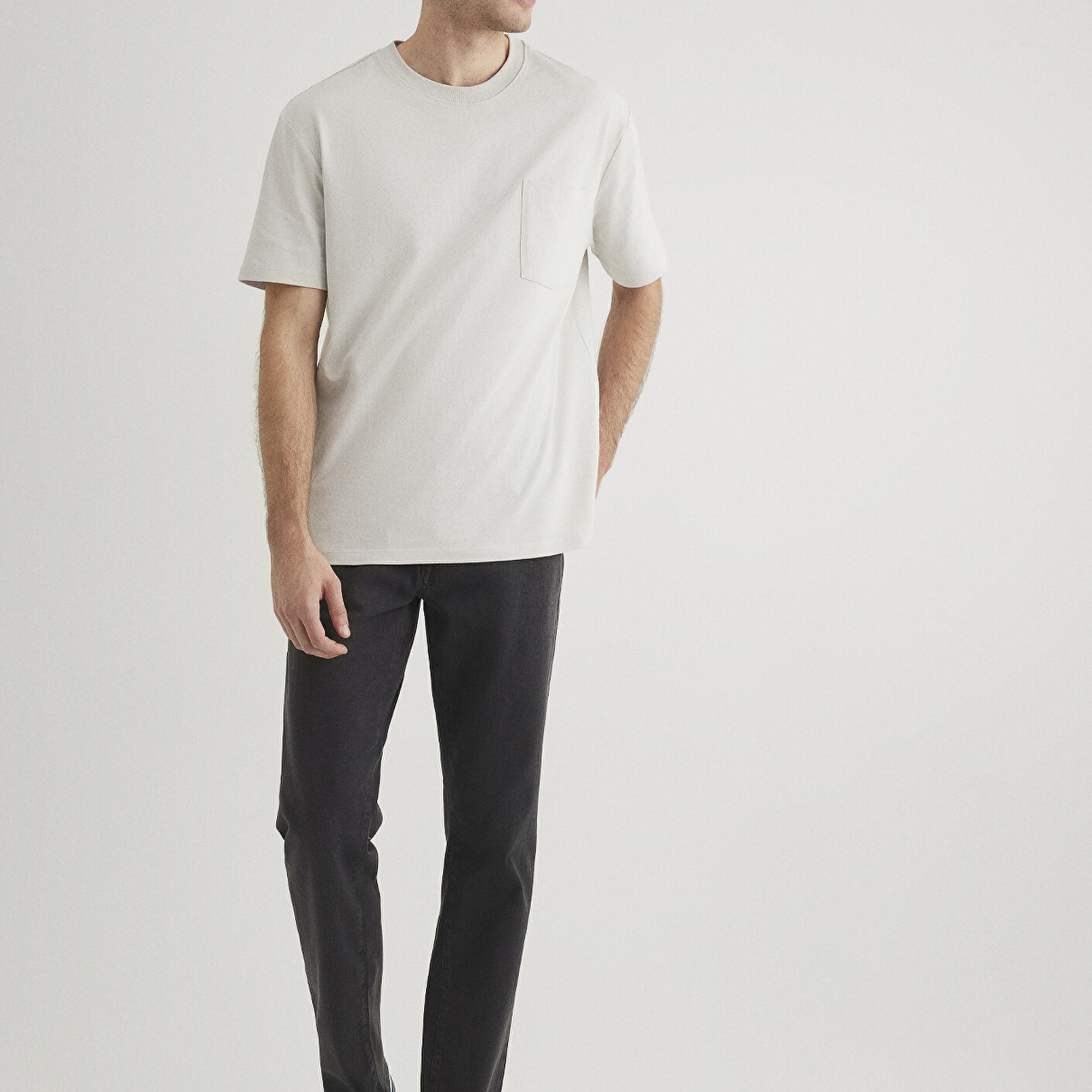 Mavi Cep Detaylı Gri Tişört Loose Fit / Bol Rahat Kesim 066248-70080