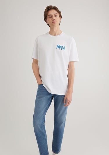  Mavi Mavi Baskılı Beyaz Tişört Loose Fit / Bol Rahat Kesim 0612468-620