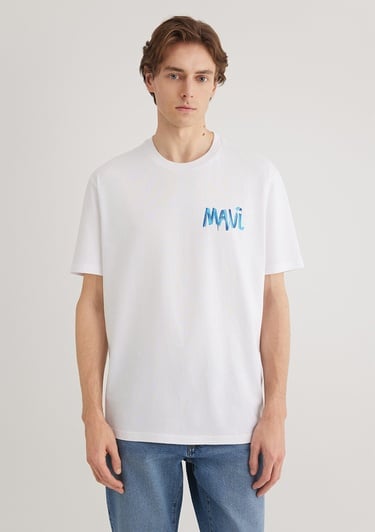  Mavi Mavi Baskılı Beyaz Tişört Loose Fit / Bol Rahat Kesim 0612468-620