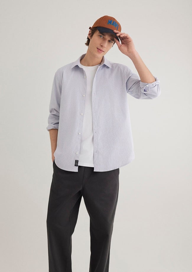  Mavi Lacivert Çizgili Beyaz Gömlek Regular Fit / Normal Kesim 0211147-70497