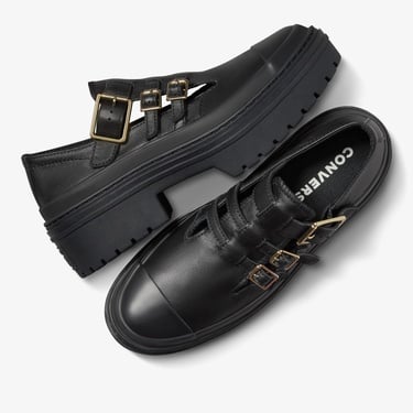  Converse Chuck Taylor All Star Lugged Heel Mary Jane Kadın Siyah Deri Platform Loafer Ayakkabı