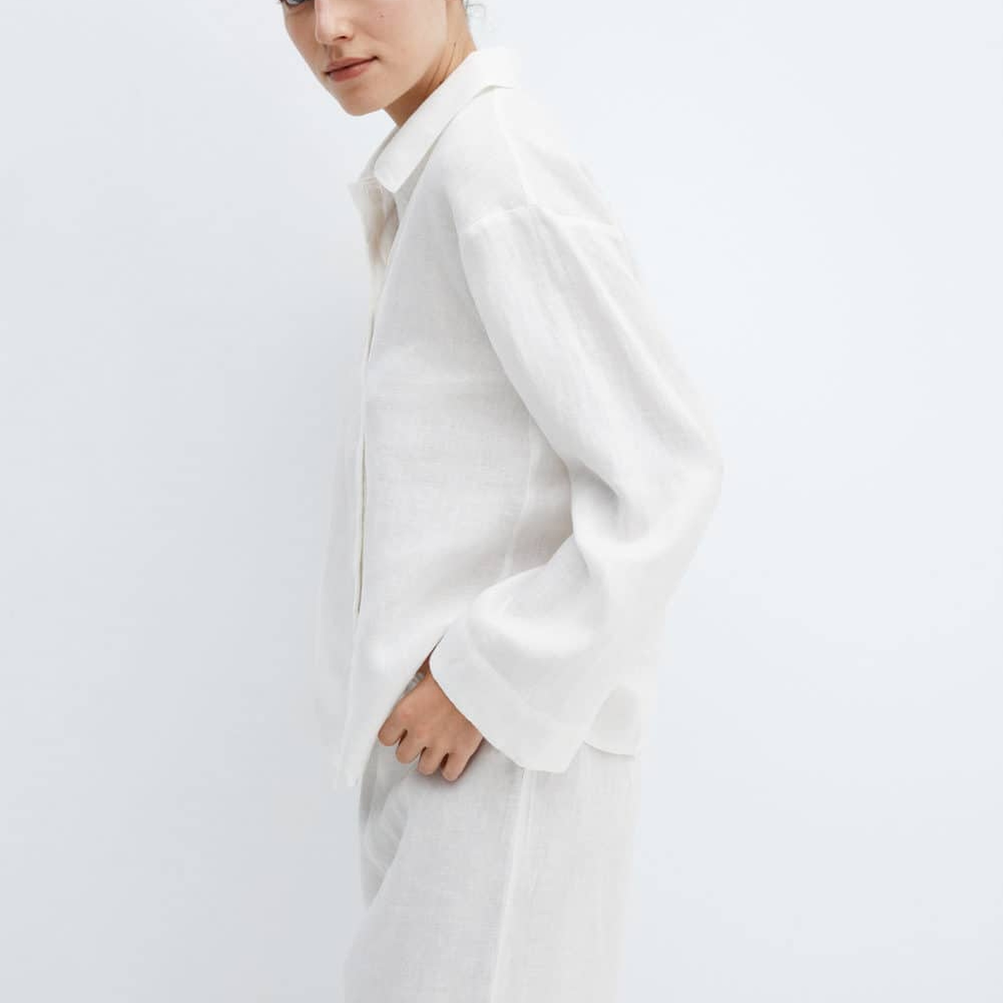 Mango Kadın %100 Keten Pijama Gömlek Beyaz