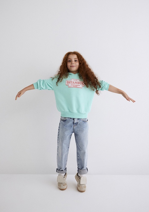 Mavi İstanbul Baskılı Kapüşonlu Yeşil Sweatshirt 7S10062-71676