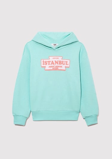  Mavi İstanbul Baskılı Kapüşonlu Yeşil Sweatshirt 7S10062-71676