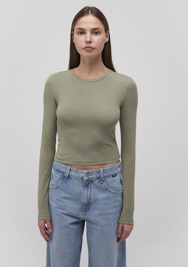  Mavi Uzun Kollu Haki Crop Basic Tişört Crop / Kısa Kesim 1612822-71818