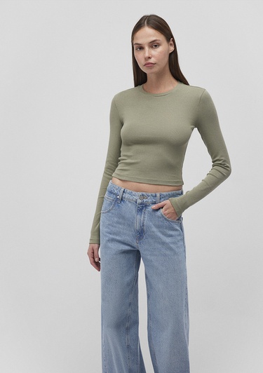  Mavi Uzun Kollu Haki Crop Basic Tişört Crop / Kısa Kesim 1612822-71818