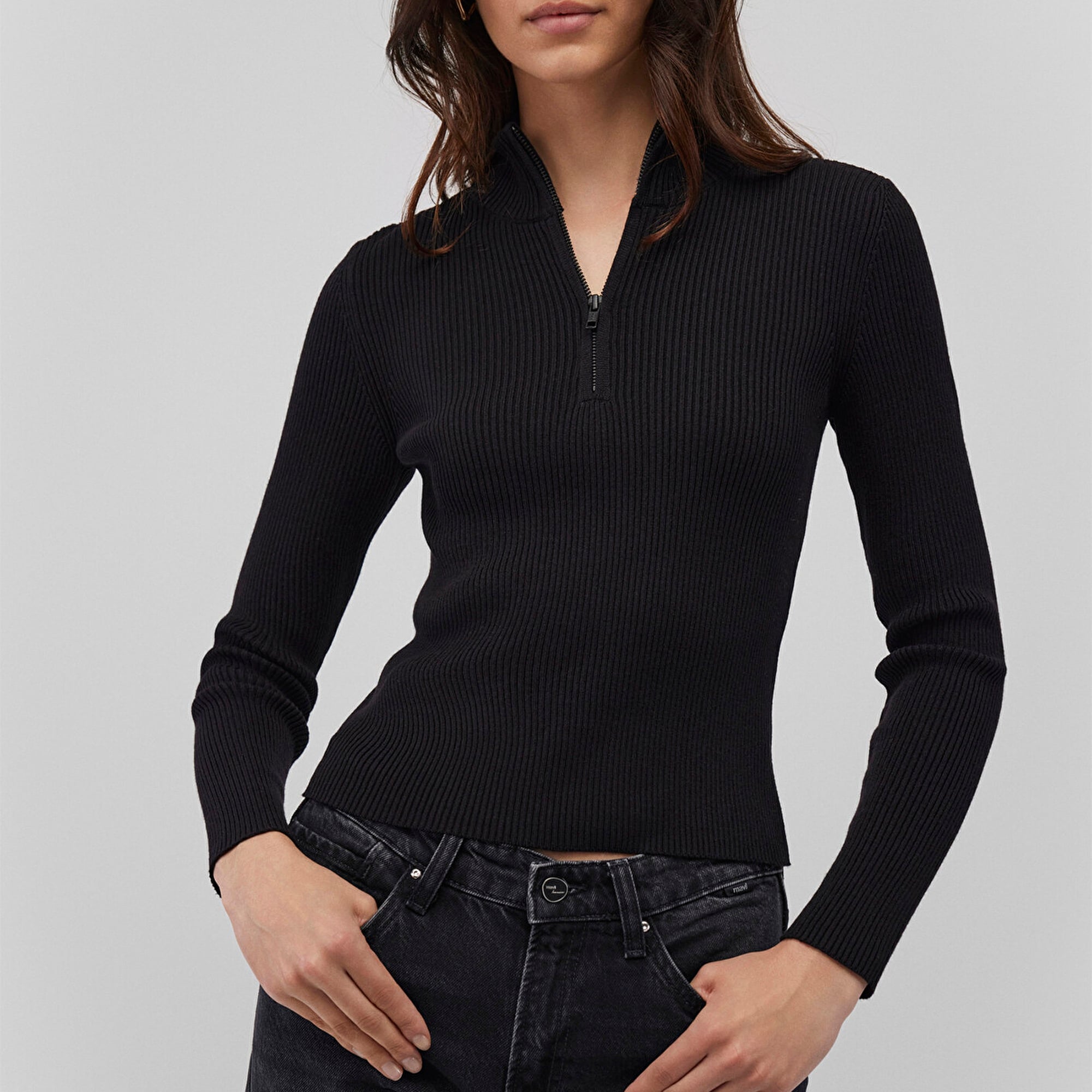 Mavi Yarı Fermuarlı Dik Yaka Siyah Kazak Fitted / Vücuda Oturan Kesim 1710519-900