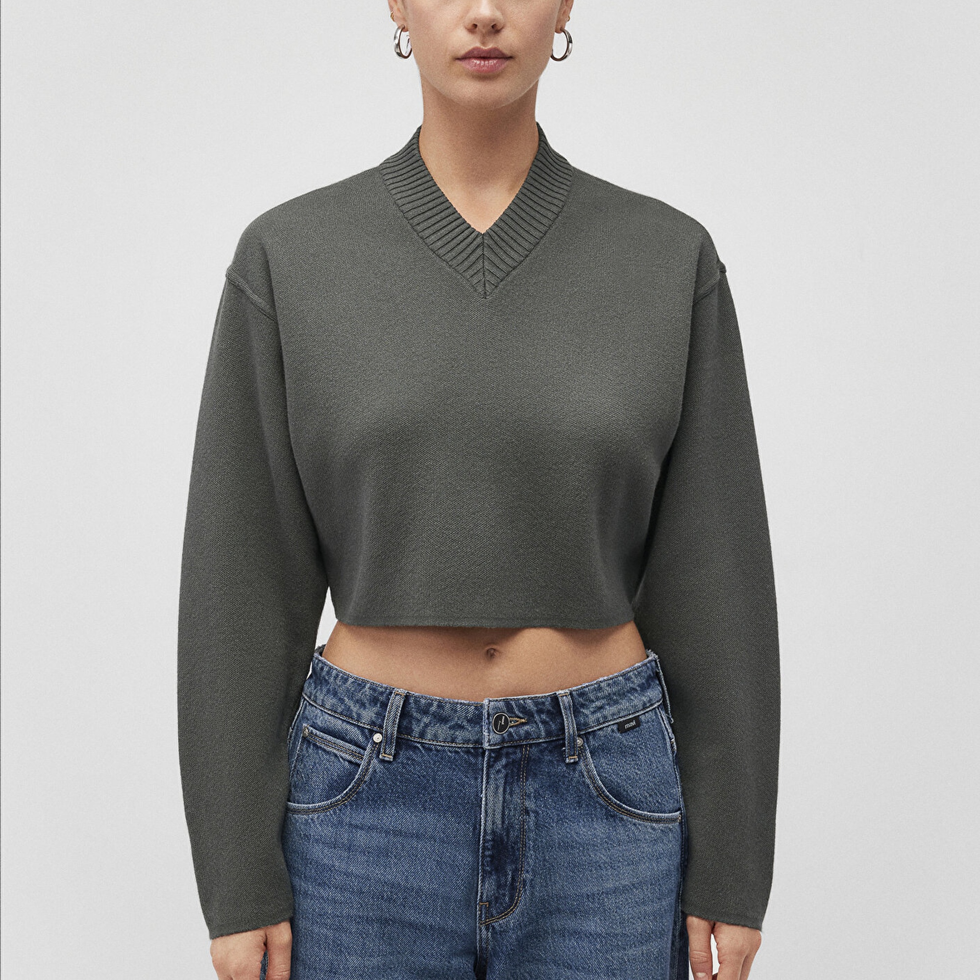 Mavi V Yaka Yeşil Kazak Crop / Kısa Kesim 1710512-87704