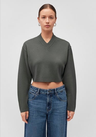  Mavi V Yaka Yeşil Kazak Crop / Kısa Kesim 1710512-87704