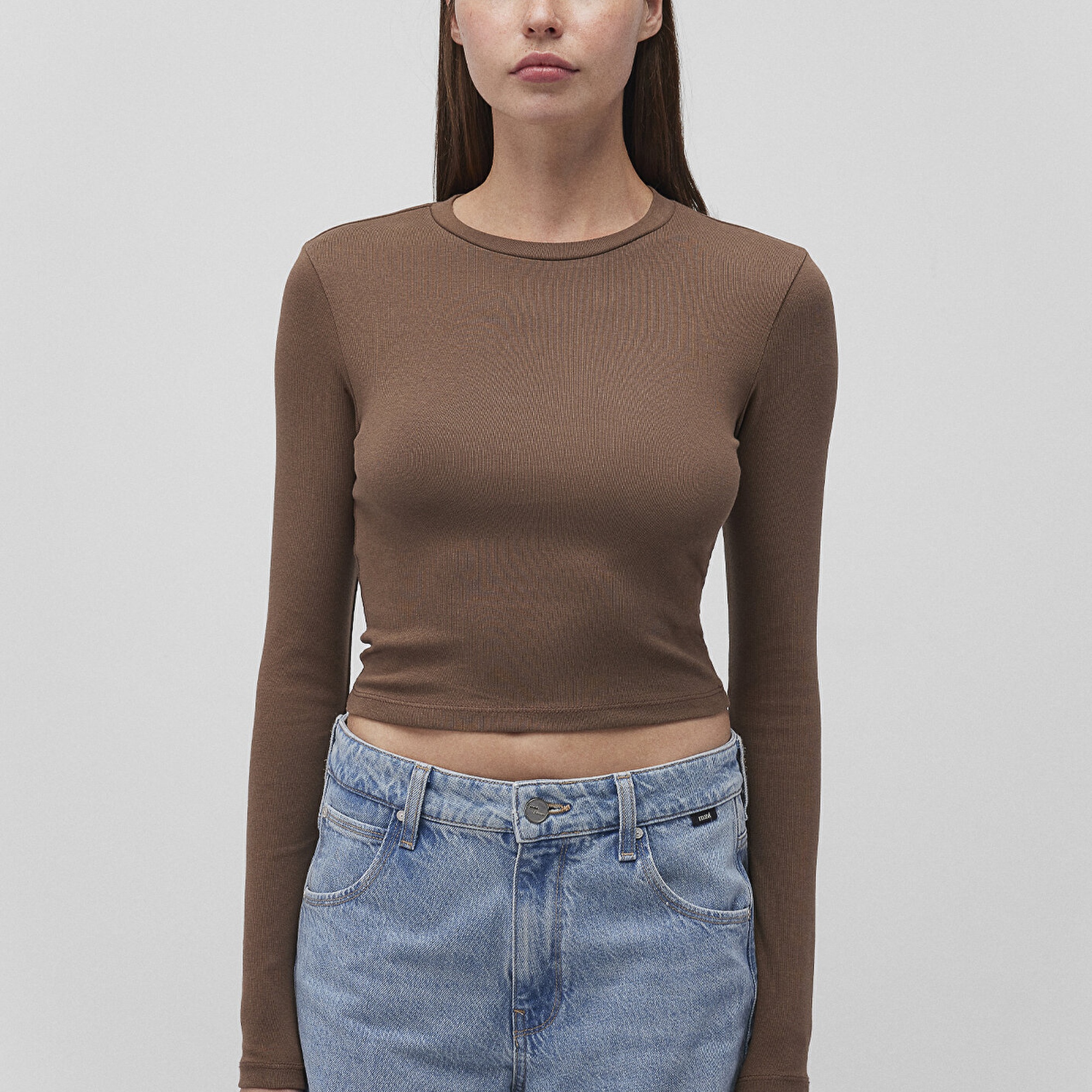 Mavi Uzun Kollu Kahverengi Crop Basic Tişört Crop / Kısa Kesim 1612822-81959