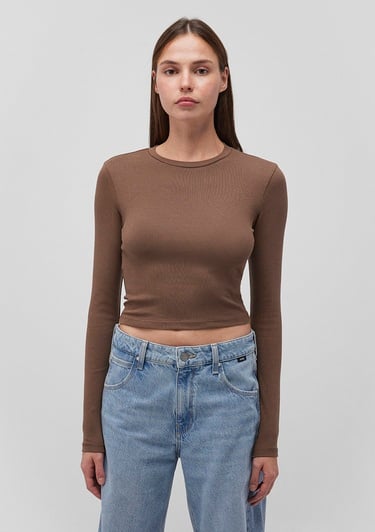  Mavi Uzun Kollu Kahverengi Crop Basic Tişört Crop / Kısa Kesim 1612822-81959