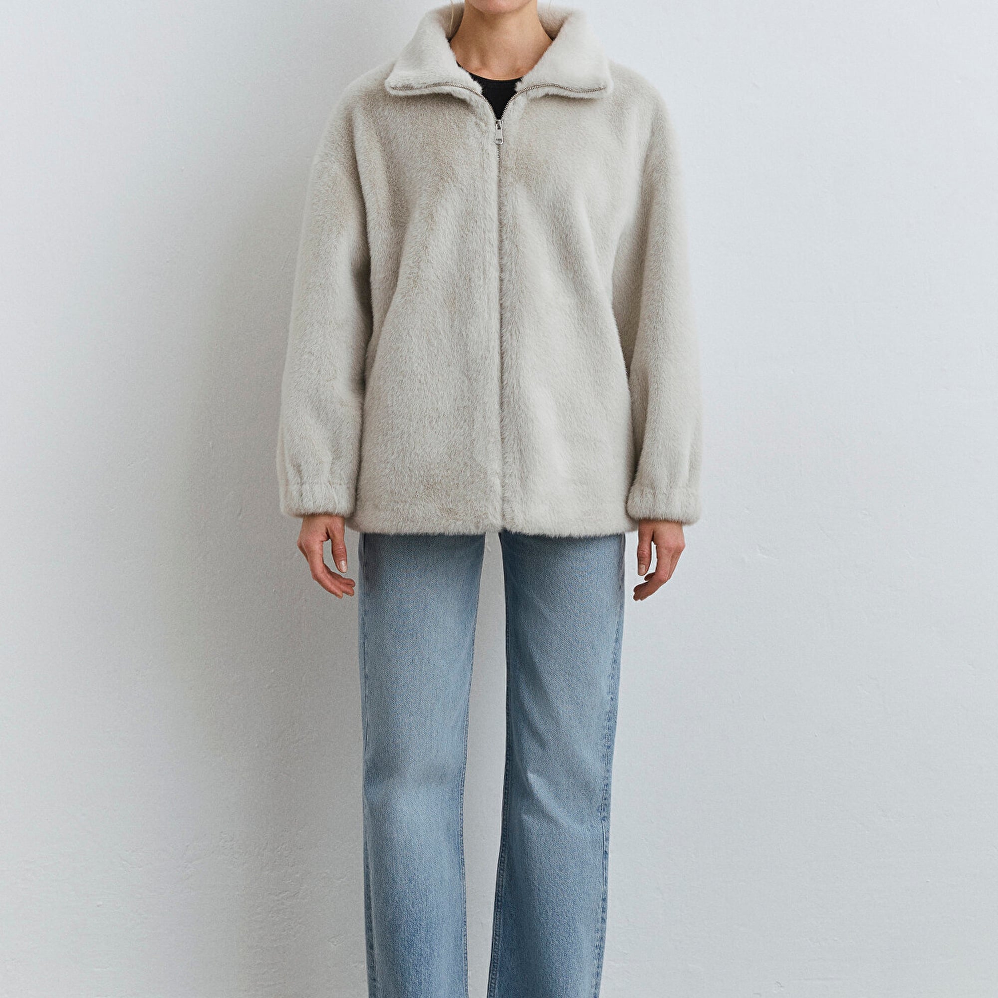 Mavi Ekru Peluş Ceket Oversize / Geniş Kesim 1110597-70037