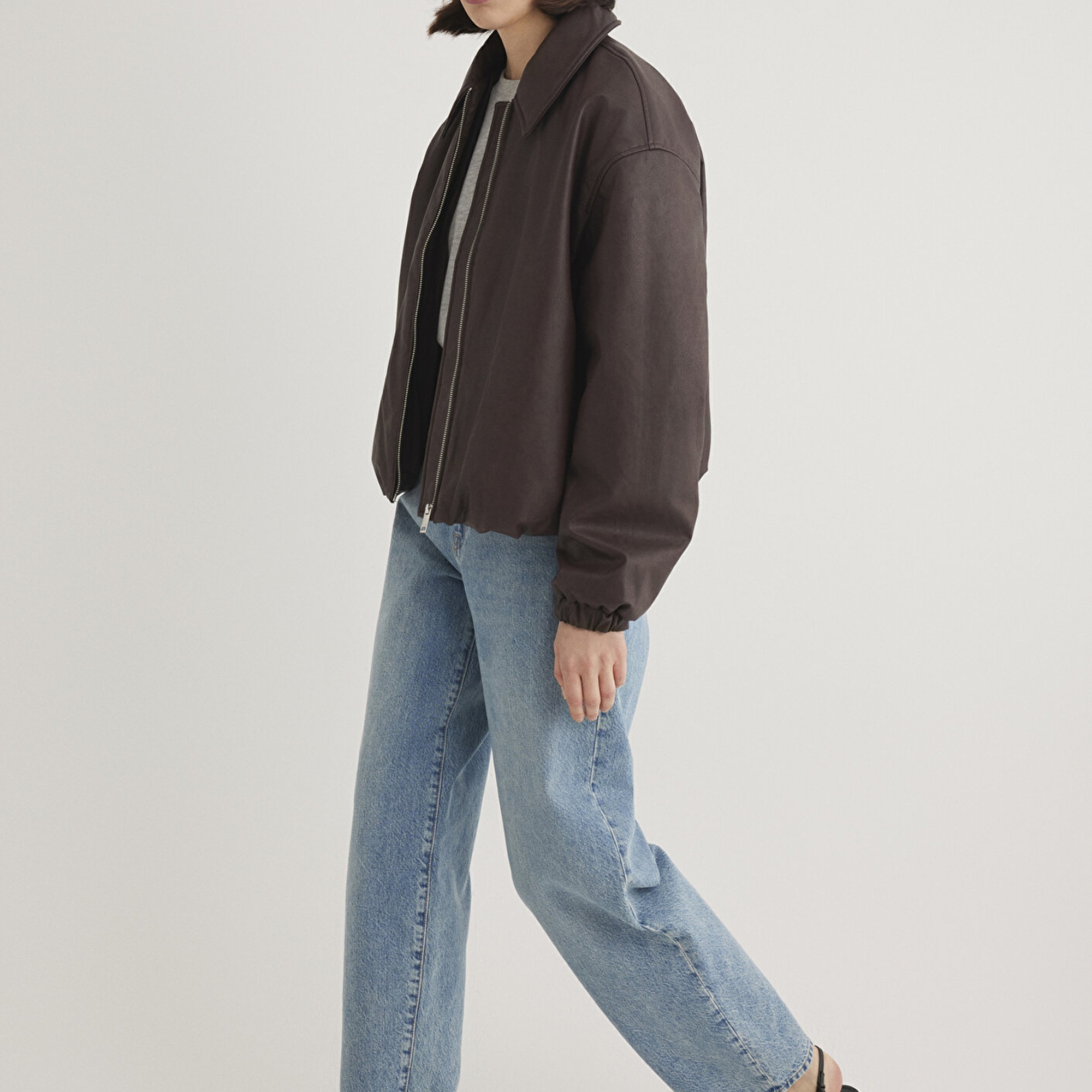 Mavi Kahverengi Suni Deri Ceket Oversize / Geniş Kesim 1110614-88083