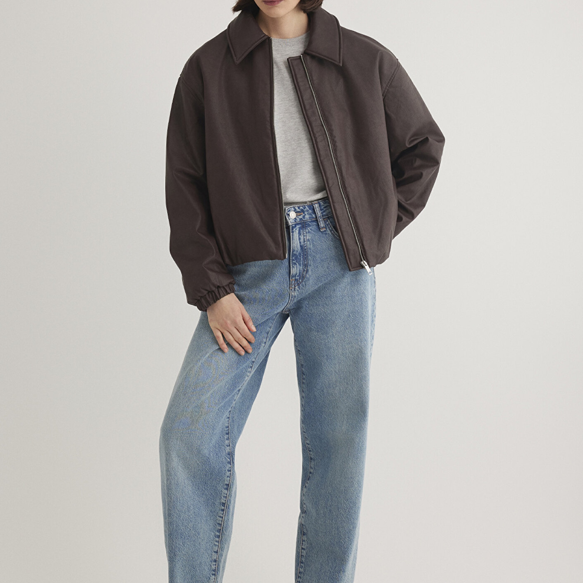 Mavi Kahverengi Suni Deri Ceket Oversize / Geniş Kesim 1110614-88083