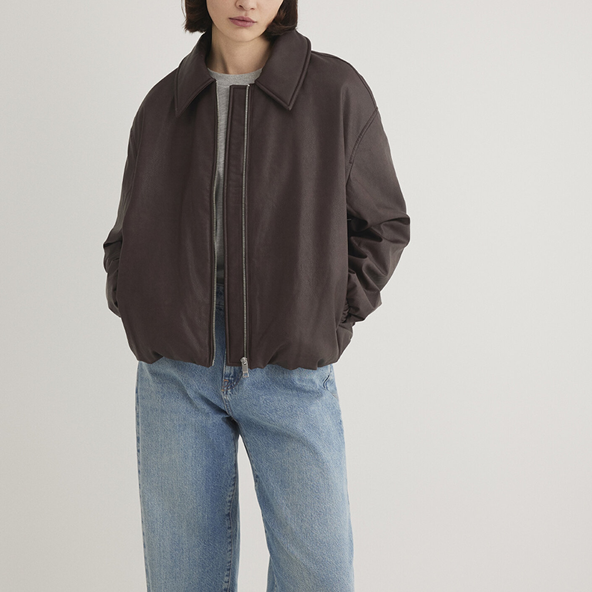 Mavi Kahverengi Suni Deri Ceket Oversize / Geniş Kesim 1110614-88083