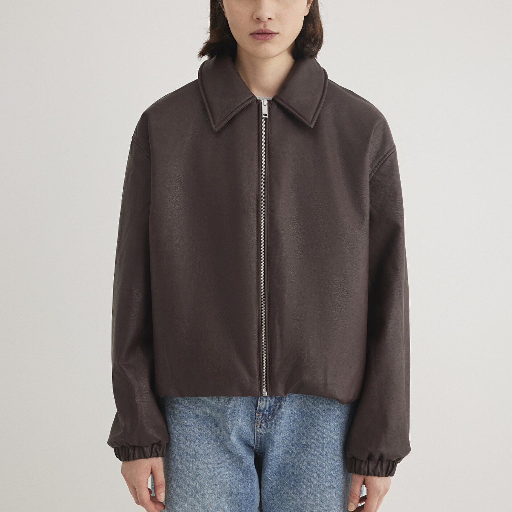 Mavi Kahverengi Suni Deri Ceket Oversize / Geniş Kesim 1110614-88083