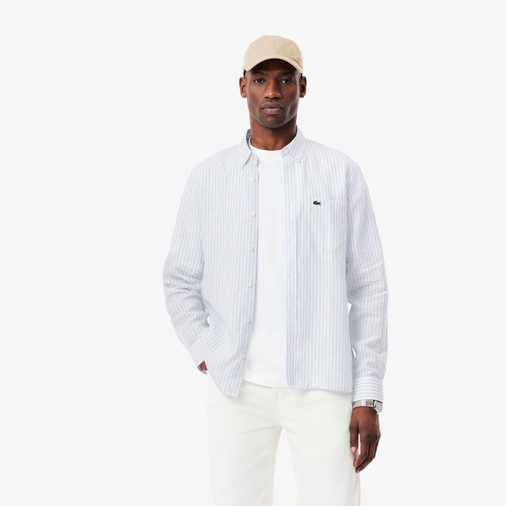 Lacoste Erkek Regular Fit Düğmeli Yaka Çizgili Keten Açık Mavi Gömlek