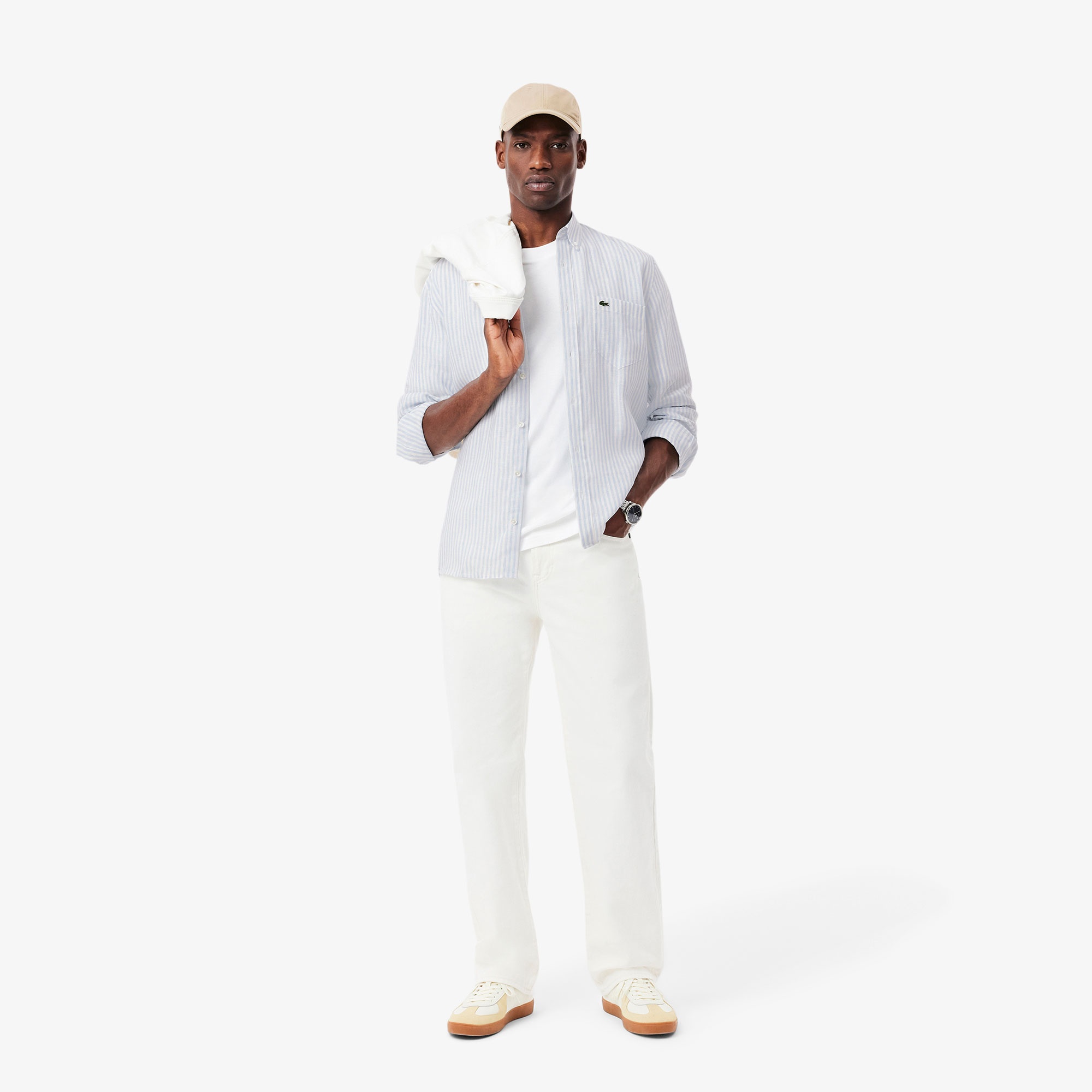 Lacoste Erkek Regular Fit Düğmeli Yaka Çizgili Keten Açık Mavi Gömlek