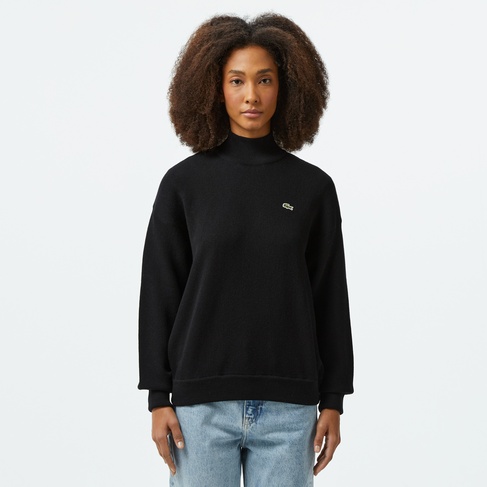  Kadın Relaxed Fit Dik Yaka Yün Siyah Triko