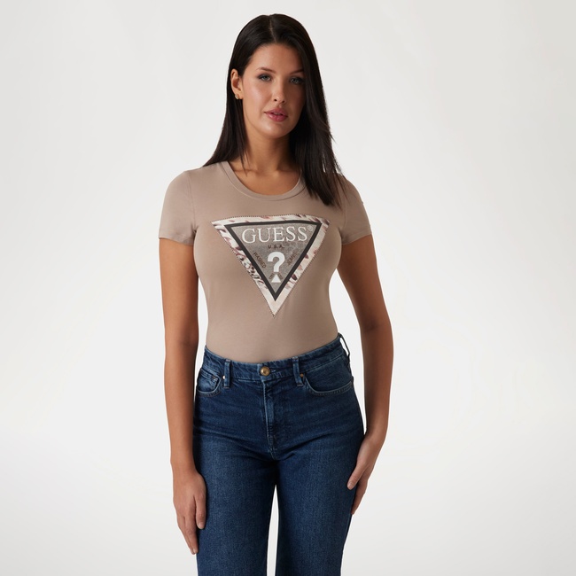  Guess Cn Cheeta Logo Mid Organicetch 180 Kadın Bej T-Shirt