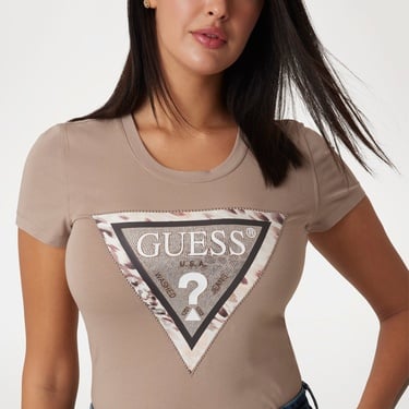  Guess Cn Cheeta Logo Mid Organicetch 180 Kadın Bej T-Shirt