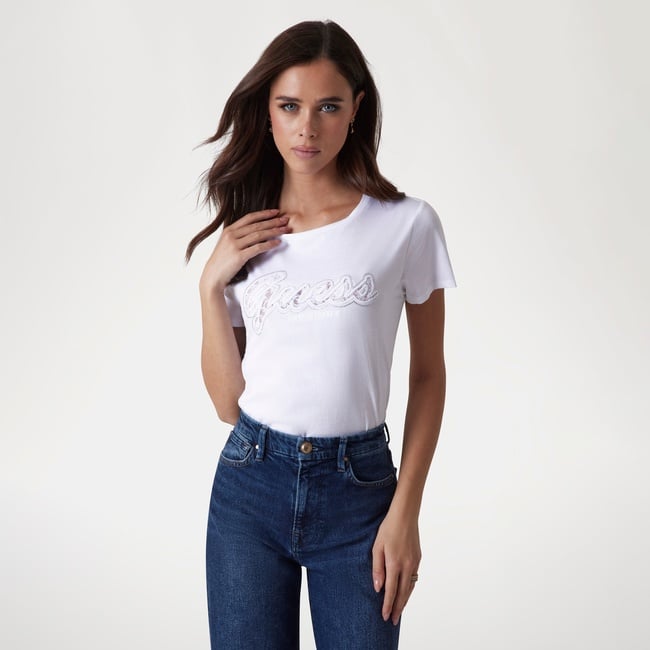  Guess Script Lace Logo Org Single 140 Kadın Beyaz T-Shirt