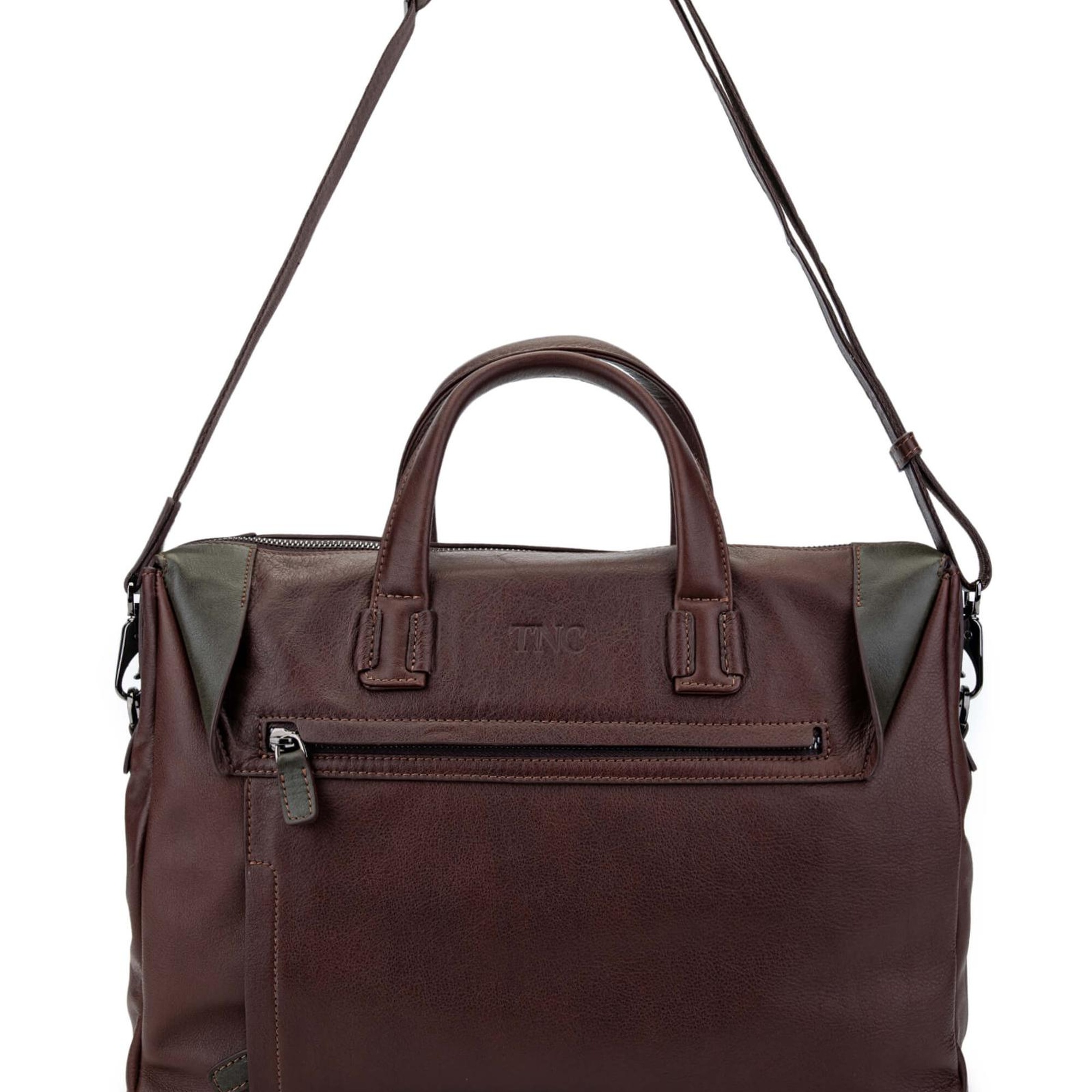 Tamer Tanca Erkek Hakiki Deri Kestane/Yeşil Evrak Çantası