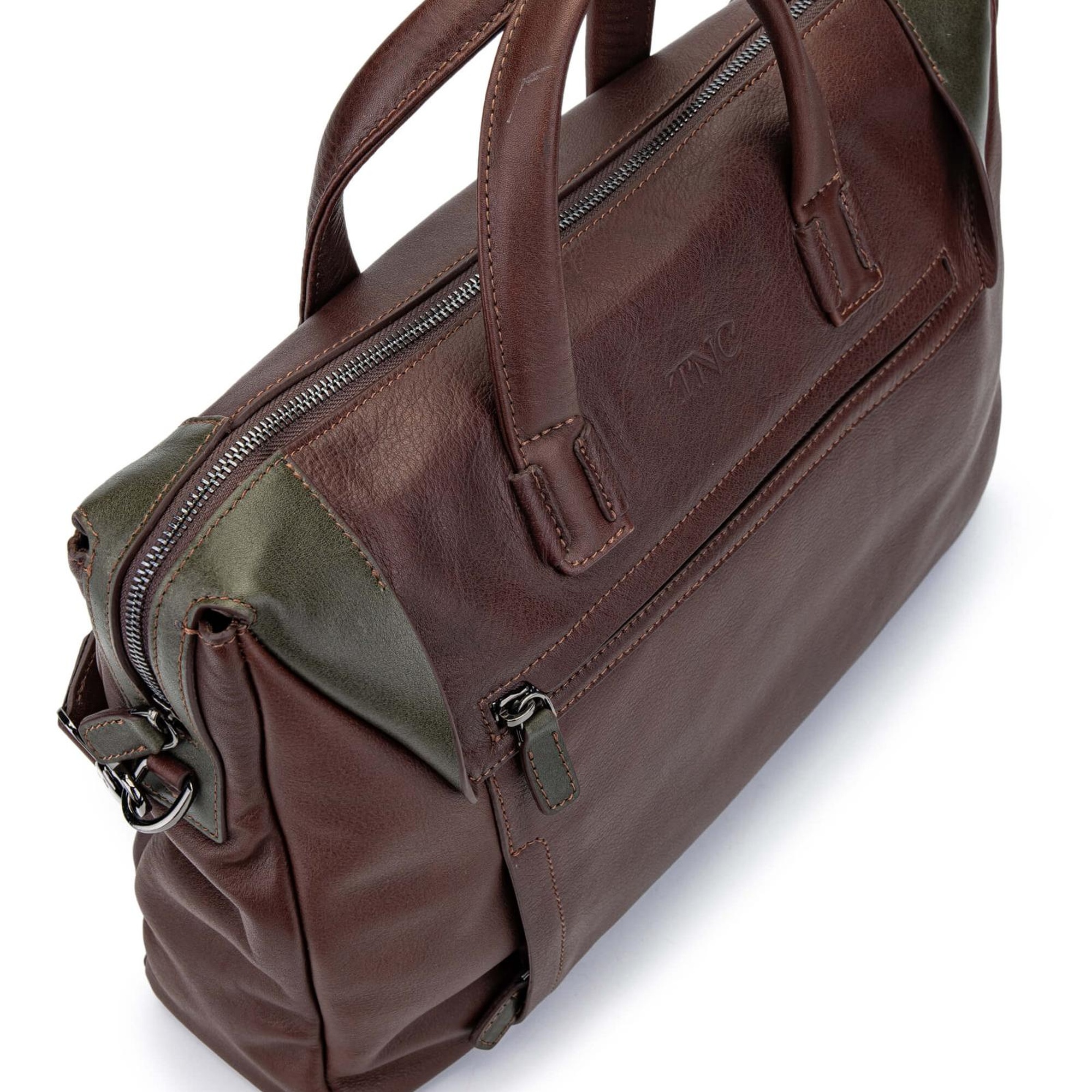 Tamer Tanca Erkek Hakiki Deri Kestane/Yeşil Evrak Çantası