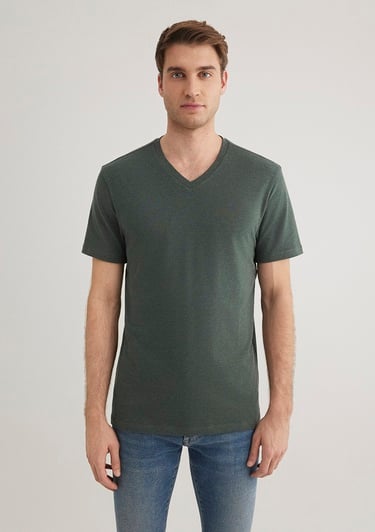  Mavi Stretch V Yaka Yeşil Basic Tişört Fitted / Vücuda Oturan Kesim 061748-25752