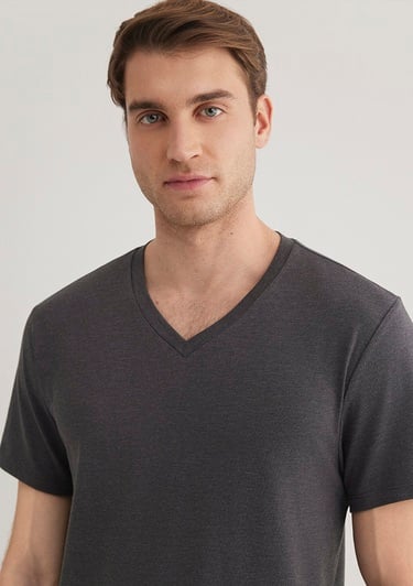  Mavi Stretch V Yaka Antrasit Basic Tişört Fitted / Vücuda Oturan Kesim 061748-24398