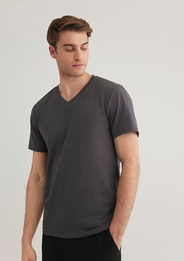  Mavi Stretch V Yaka Antrasit Basic Tişört Fitted / Vücuda Oturan Kesim 061748-24398