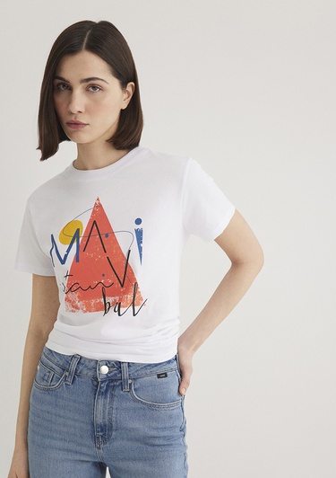  Mavi Üçgen Baskılı Beyaz İstanbul Tişört Regular Fit / Normal Kesim 168892-620