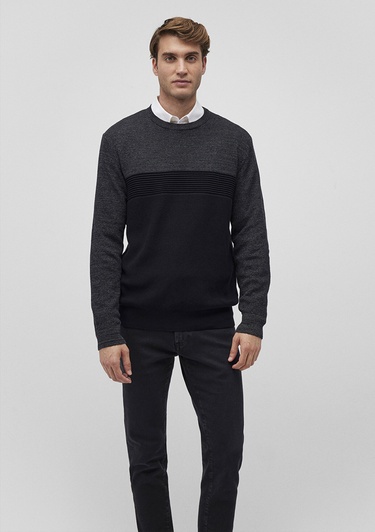  Mavi Blok Renkli Bisiklet Yaka Kazak Fitted / Vücuda Oturan Kesim 070377-900