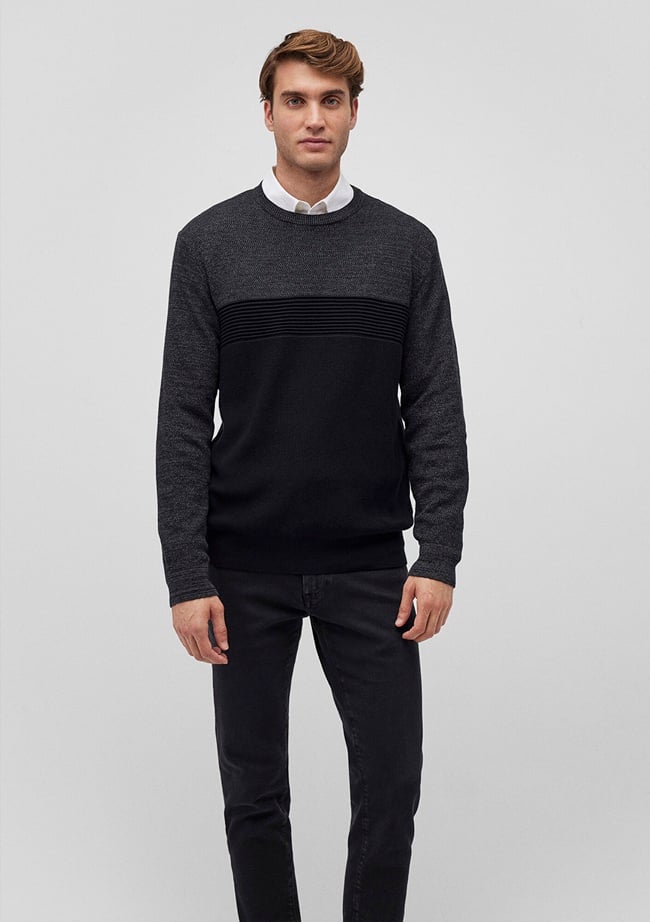  Mavi Blok Renkli Bisiklet Yaka Kazak Fitted / Vücuda Oturan Kesim 070377-900