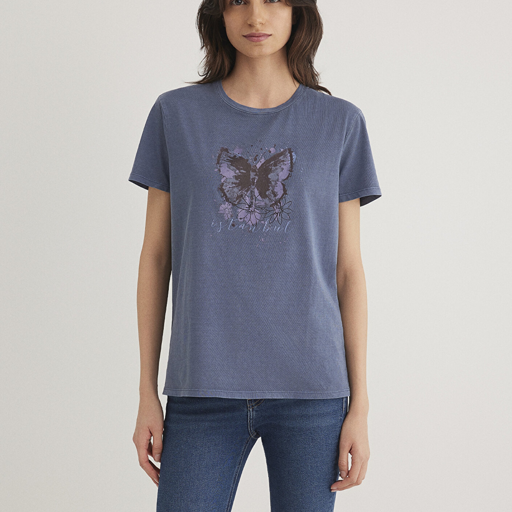 Mavi Kelebek Baskılı Lacivert İstanbul Tişört Regular Fit / Normal Kesim 168571-30233