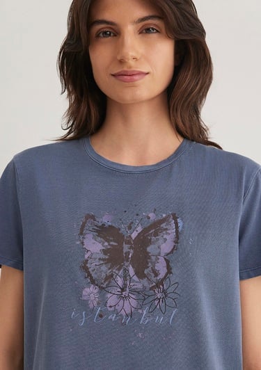  Mavi Kelebek Baskılı Lacivert İstanbul Tişört Regular Fit / Normal Kesim 168571-30233