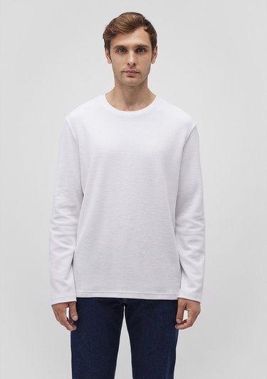  Mavi Uzun Kollu Beyaz Tişört Slim Fit / Dar Kesim 065755-620