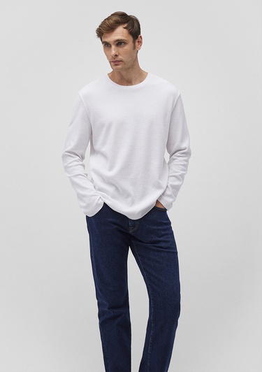  Mavi Uzun Kollu Beyaz Tişört Slim Fit / Dar Kesim 065755-620