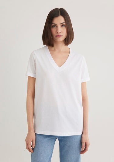  Mavi V Yaka Beyaz Basic Tişört Regular Fit / Normal Kesim 166248-620