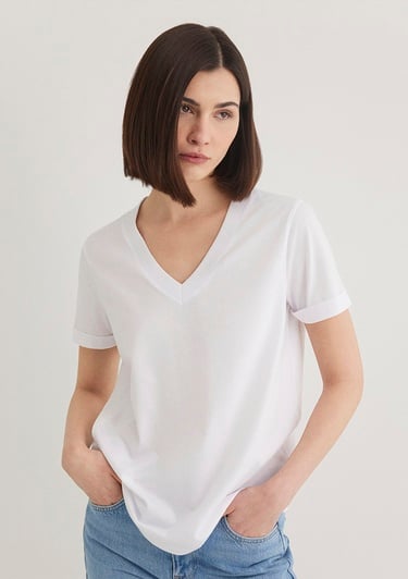  Mavi V Yaka Beyaz Basic Tişört Regular Fit / Normal Kesim 166248-620