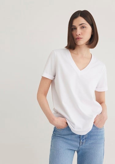  Mavi V Yaka Beyaz Basic Tişört Regular Fit / Normal Kesim 166248-620