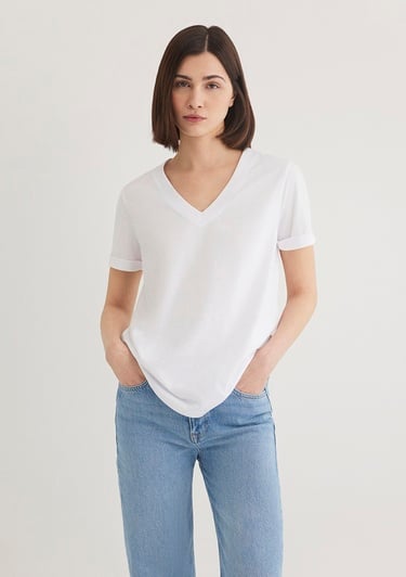  Mavi V Yaka Beyaz Basic Tişört Regular Fit / Normal Kesim 166248-620