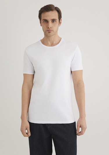  Mavi Ribana Detaylı Beyaz Tişört Fitted / Vücuda Oturan Kesim 063747-620