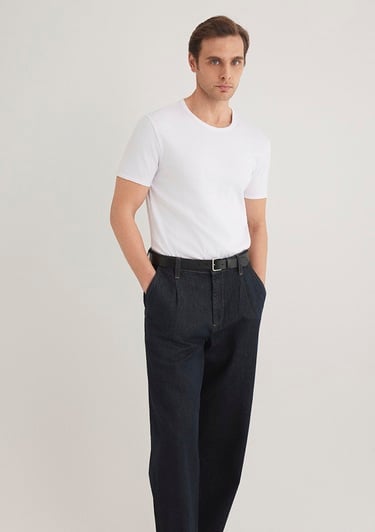  Mavi Ribana Detaylı Beyaz Tişört Fitted / Vücuda Oturan Kesim 063747-620