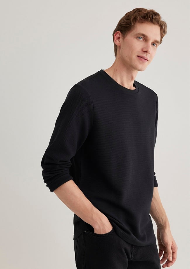  Mavi Uzun Kollu Dokulu Siyah Tişört Slim Fit / Dar Kesim 064622-21842