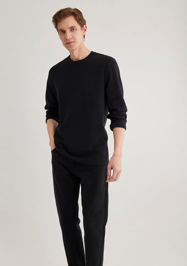  Mavi Uzun Kollu Dokulu Siyah Tişört Slim Fit / Dar Kesim 064622-21842