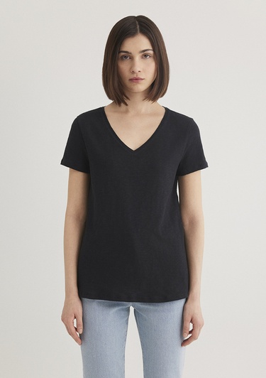  Mavi V Yaka Flamlı Siyah Basic Tişört Slim Fit / Dar Kesim 168260-900